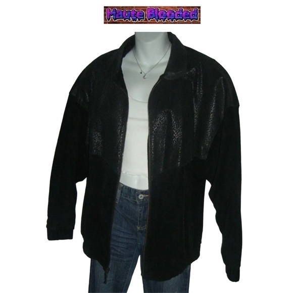 Vintage 90's Stefano Black Suede Leather Bomber Jacket Print Retro Plus 16 Goth - Picture 4 of 13